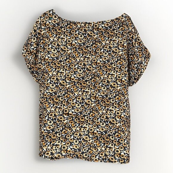 LL Bean Signature Linen Top Womens Size Large Floral Tie Front Brown Black - Picture 3 of 8